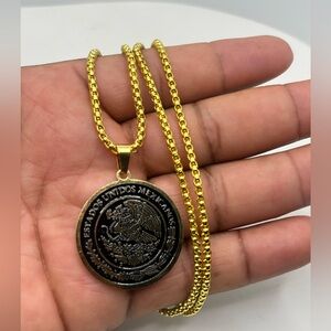 Stainless steel Gold Chain with Black Medallion Pendant unisex